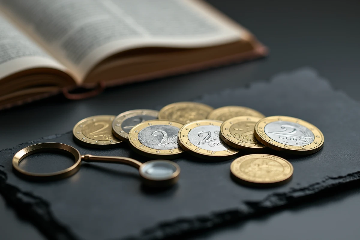 Collection de pièces de 2 euros rares de différents pays européens disposées sur une table de collectionneur avec catalogue numismatique