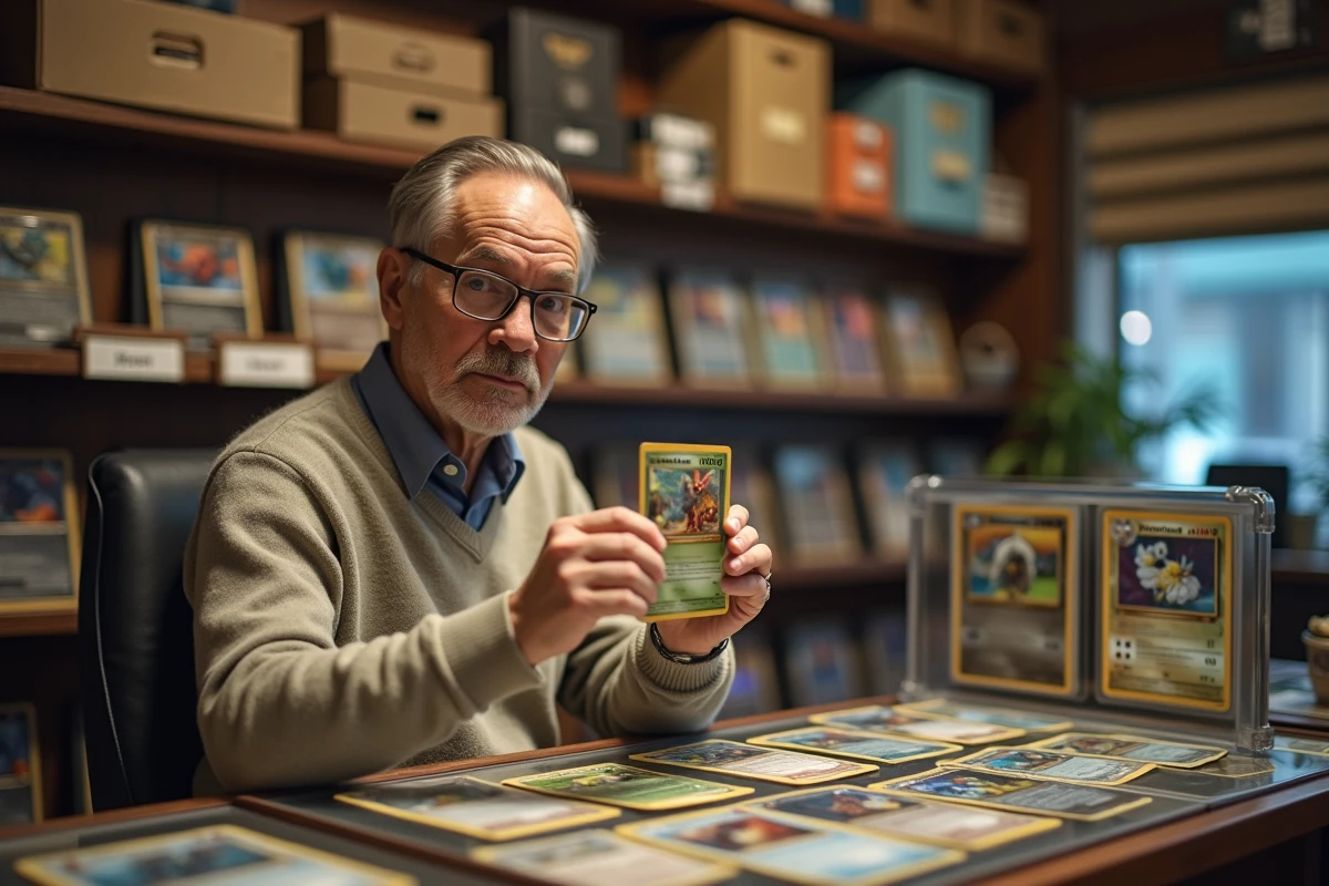 Collectionneur expérimenté tenant une carte Dracaufeu dans une vitrine