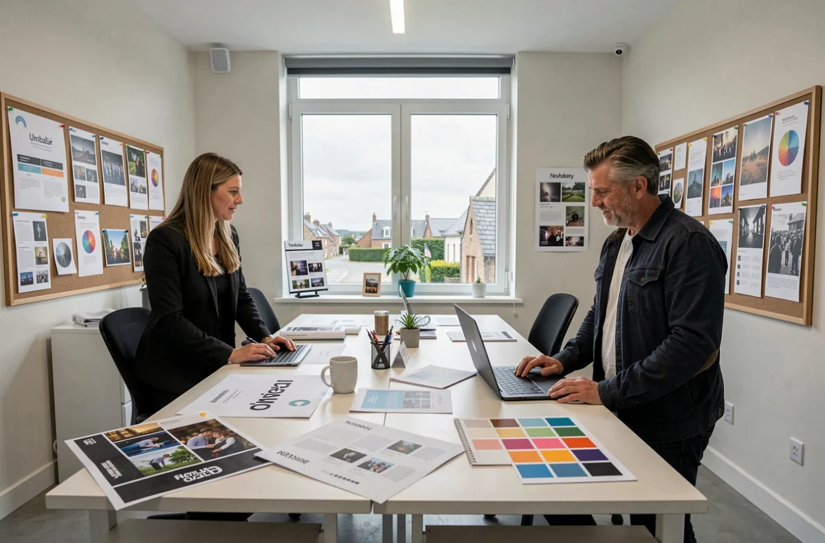 Équipe de l'agence Com' de Fait travaillant sur des maquettes d'événements et supports de communication dans un bureau moderne en Normandie