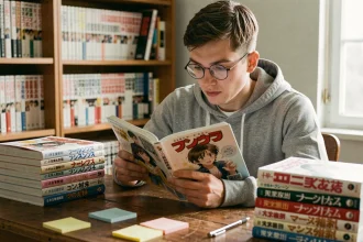 Jeune homme lisant et comparant des volumes de manga en version française et japonaise côte à côte sur un bureau en bois
