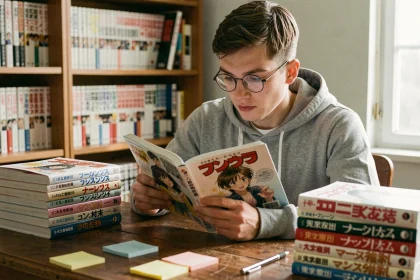 Jeune homme lisant et comparant des volumes de manga en version française et japonaise côte à côte sur un bureau en bois