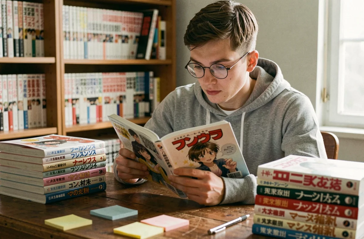 Jeune homme lisant et comparant des volumes de manga en version française et japonaise côte à côte sur un bureau en bois