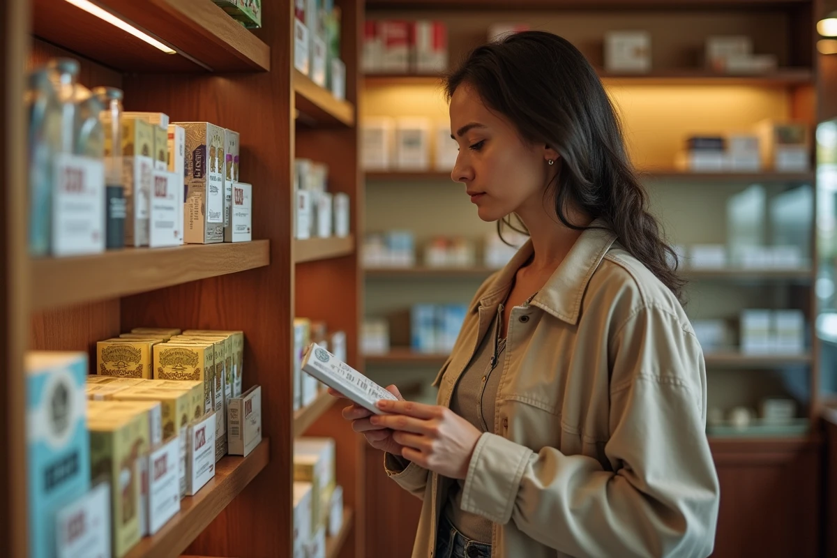 Femme comparant les prix de cartouches de cigarettes dans un bureau de tabac