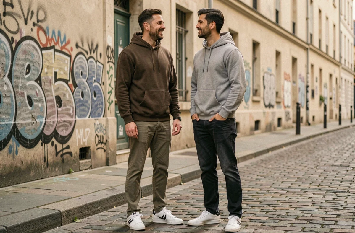 Comparaison de hauteur entre deux hommes dans une rue urbaine, illustrant les questions sur la taille réelle de Lacrim