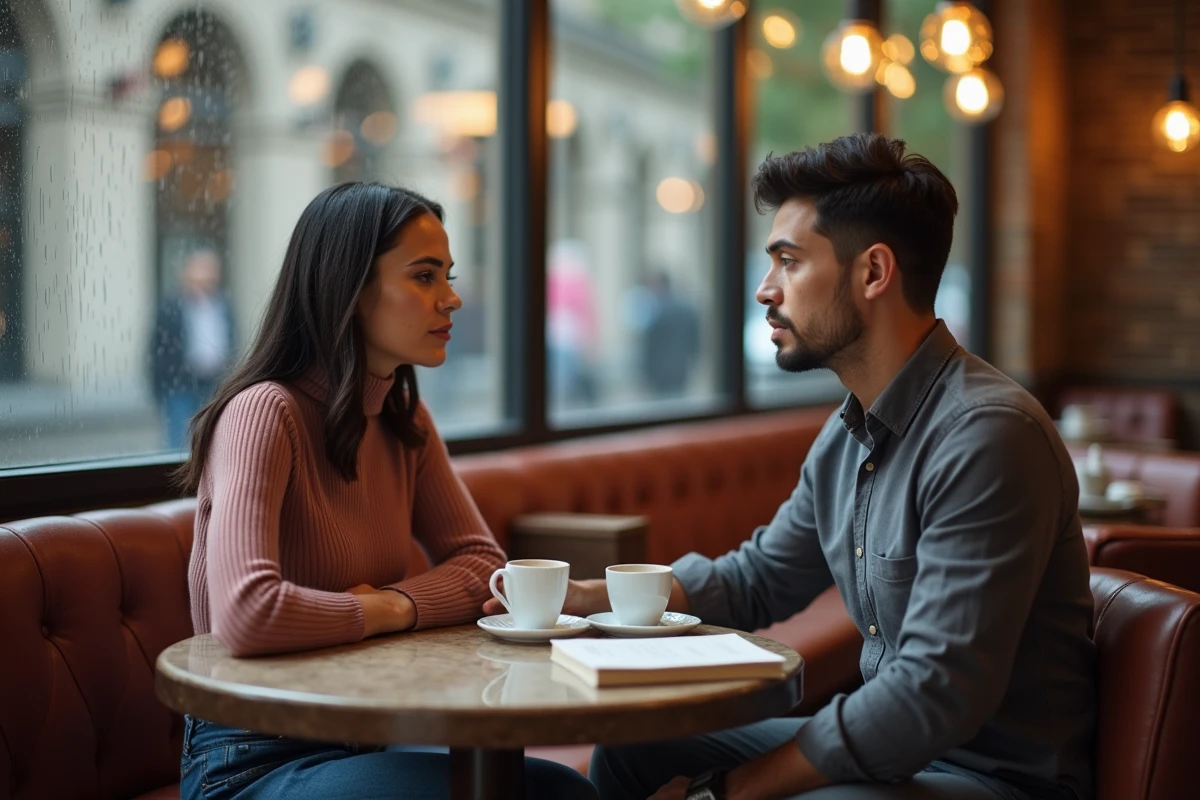 Couple discutant avec complicité intellectuelle dans un café européen au style raffiné
