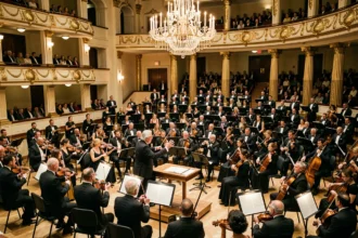 Orchestre symphonique en pleine représentation lors du concert du Nouvel An à Strasbourg dans une salle de concert baroque dorée