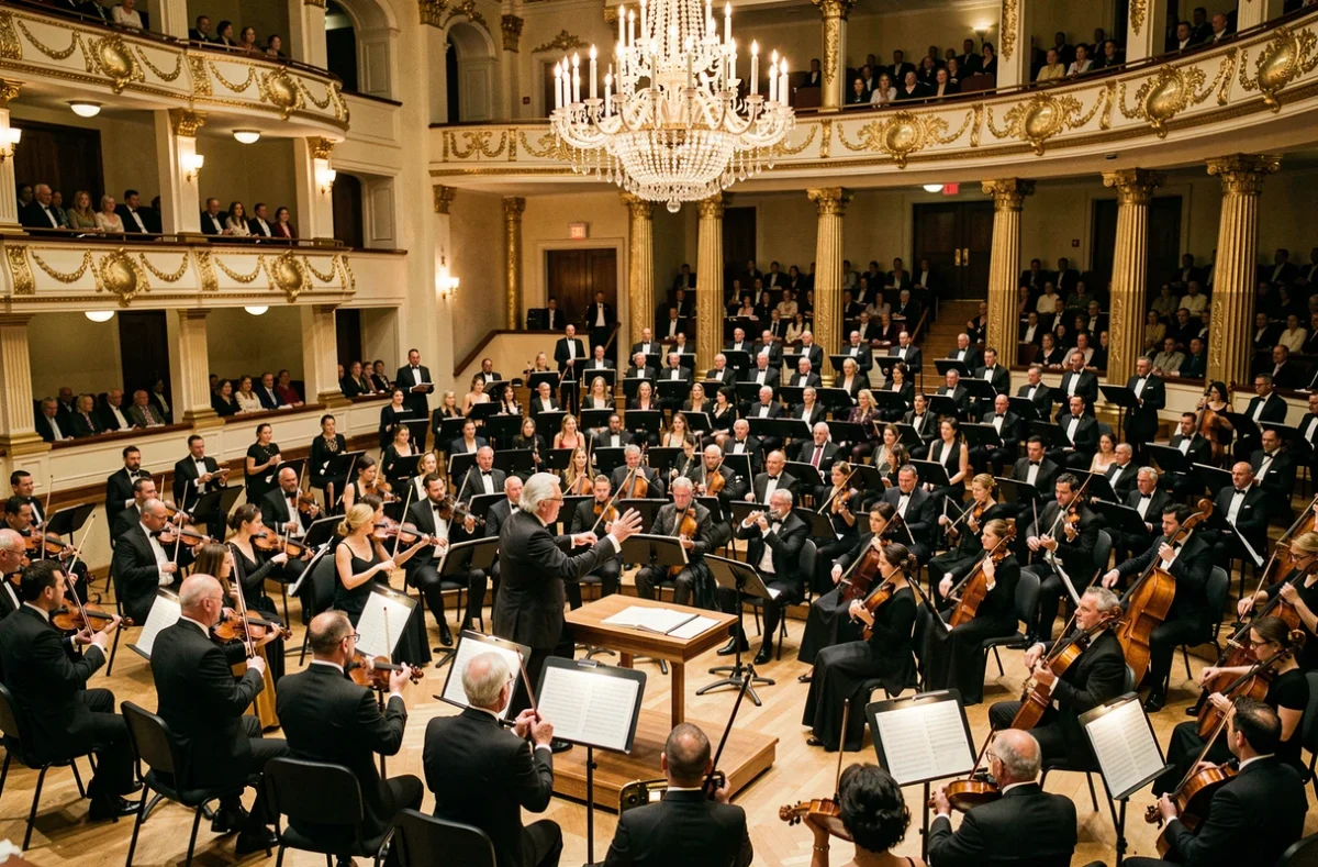 Orchestre symphonique en pleine représentation lors du concert du Nouvel An à Strasbourg dans une salle de concert baroque dorée
