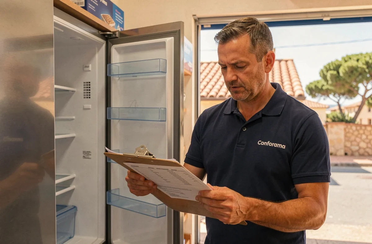 Technicien du service technique Conforama consultant un bon de réparation devant un réfrigérateur ouvert dans le magasin de Fréjus