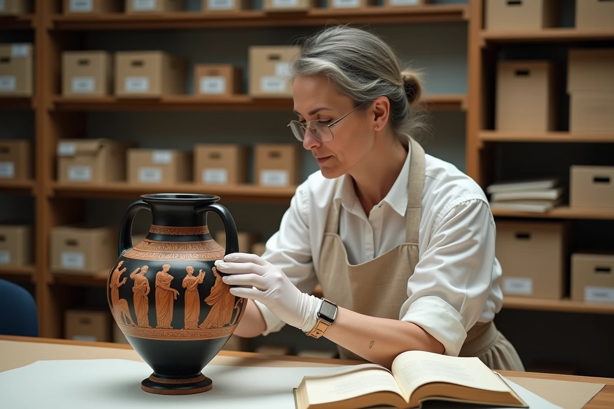 Conservatrice examinant une amphore grecque antique à figures noires avec Héphaïstos dans un laboratoire de conservation