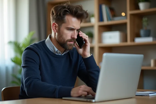 Homme contactant le service clients Sosh par téléphone depuis son appartement pour signaler une panne fibre