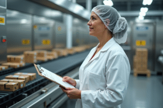 Manager en sécurité alimentaire inspectant une ligne de production