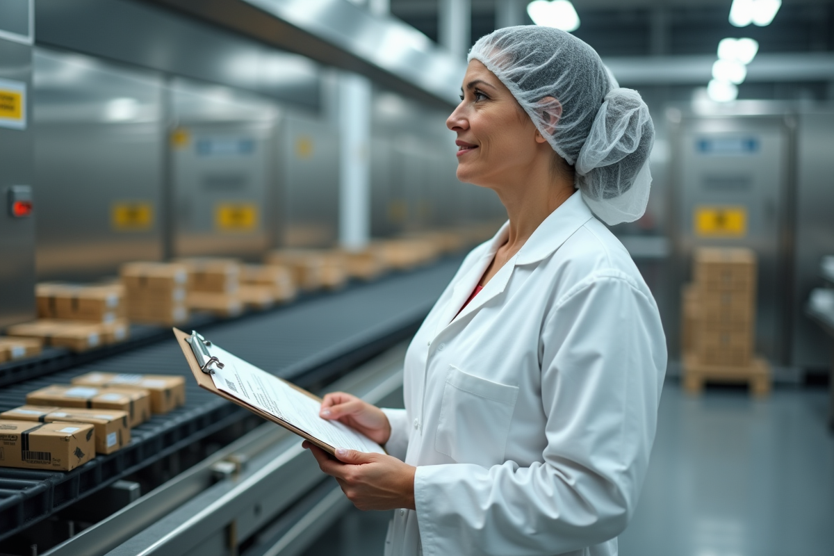 Manager en sécurité alimentaire inspectant une ligne de production