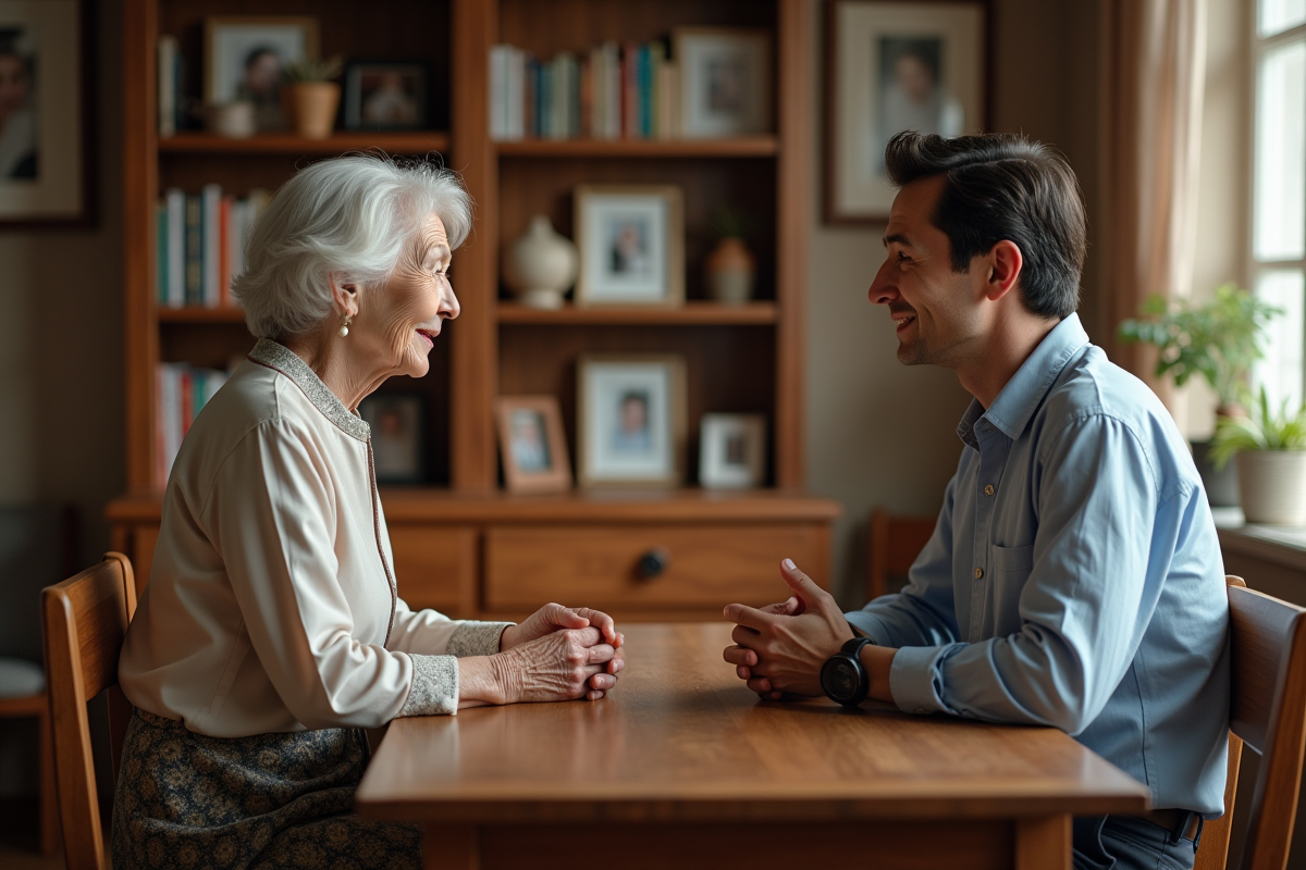 Une femme âgée et un jeune homme discutant à table dans une maison chaleureuse