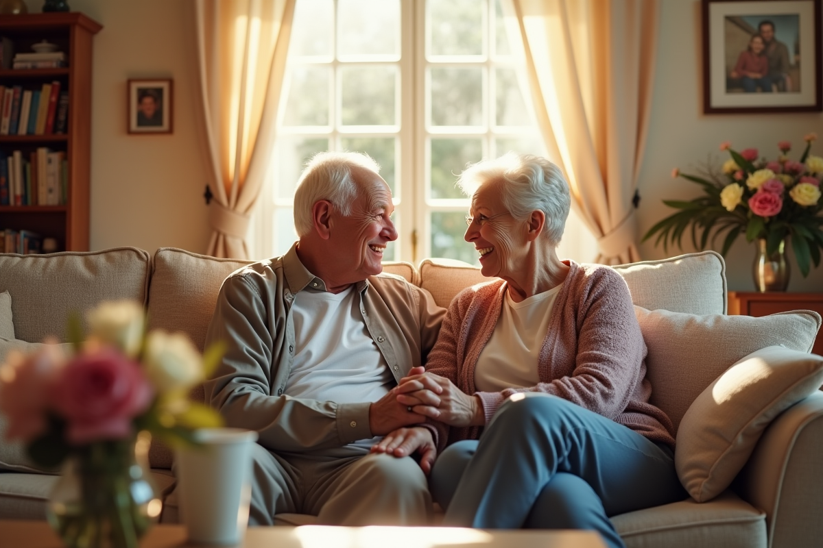 Couple âgé souriant lors de leur 56e anniversaire de mariage