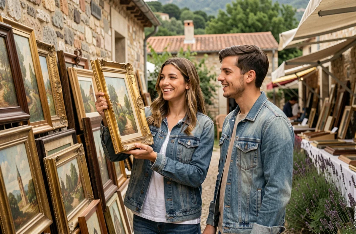 Couple de jeunes adultes chinant des cadres anciens dans un marché brocante d'un village perché des Alpes-Maritimes