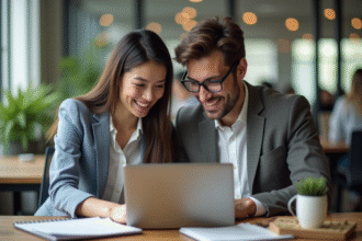 Couple en coworking collaborant sur un ordinateur