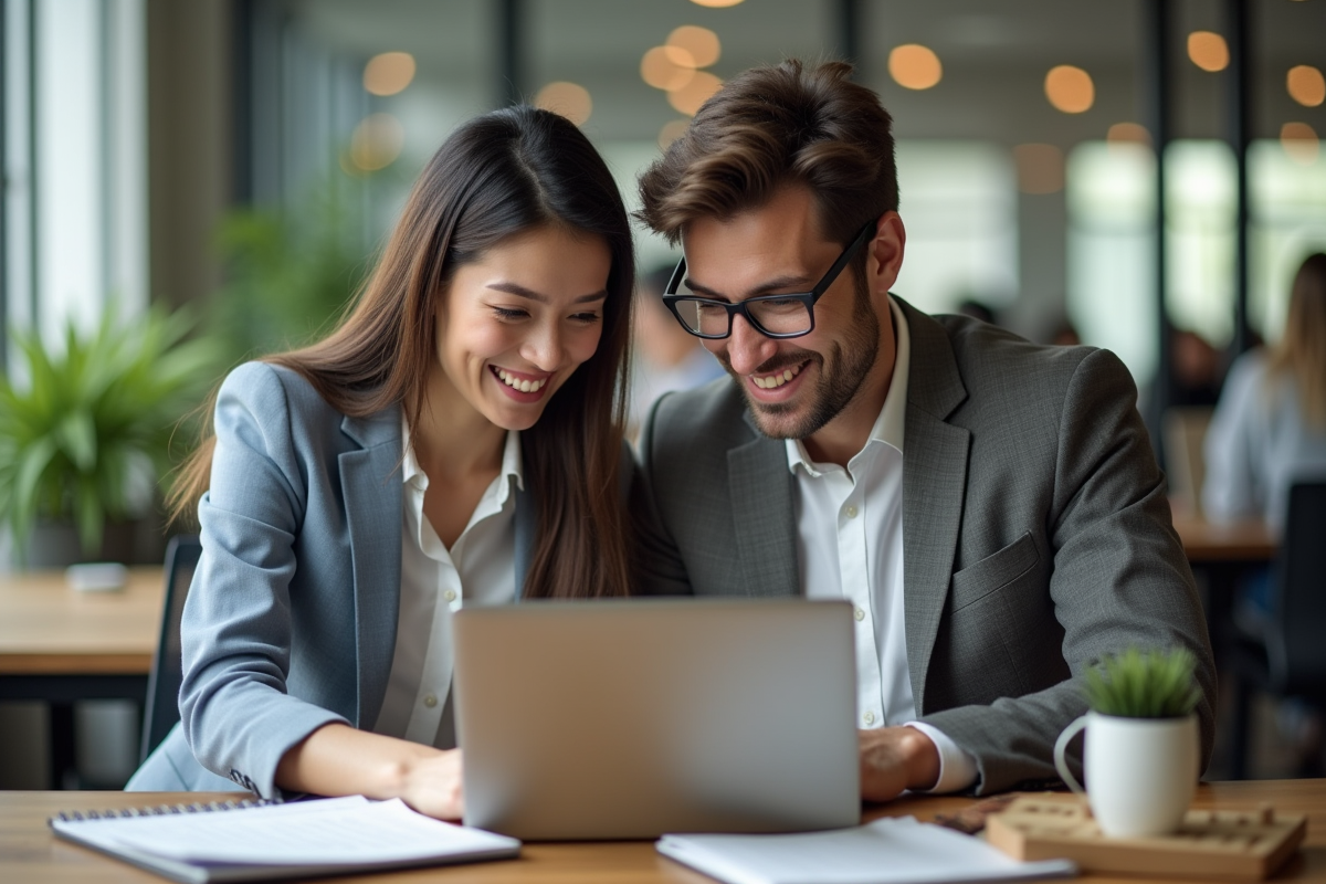 Couple en coworking collaborant sur un ordinateur