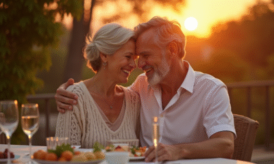 Couple mature souriant lors d'un dîner en plein air au coucher du soleil