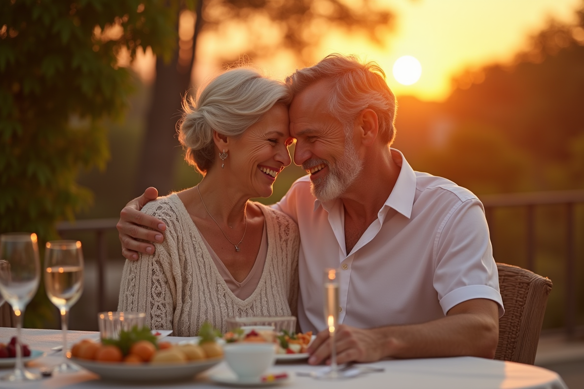 Couple mature souriant lors d'un dîner en plein air au coucher du soleil
