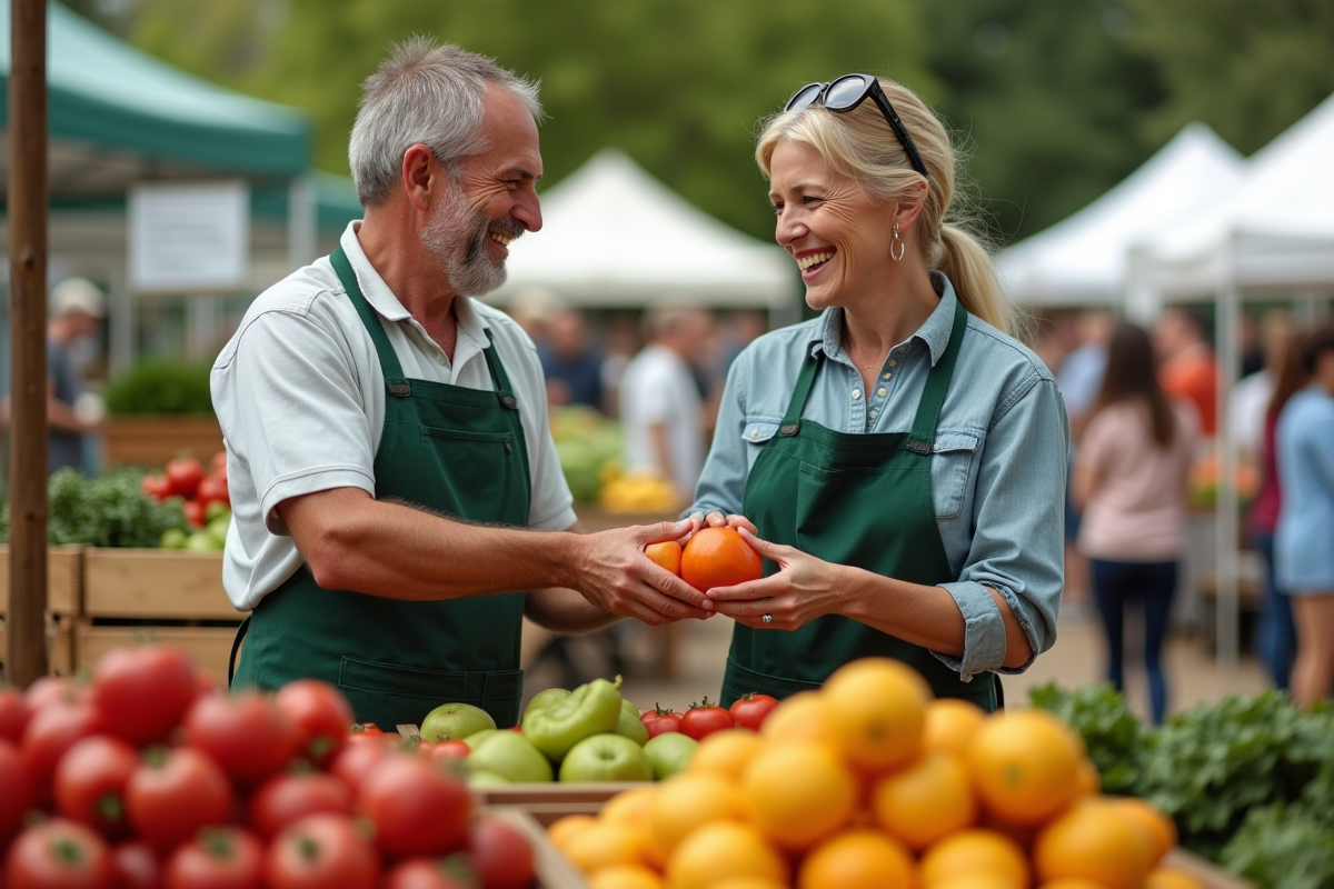 Couple souriant au marché avec des fruits et légumes