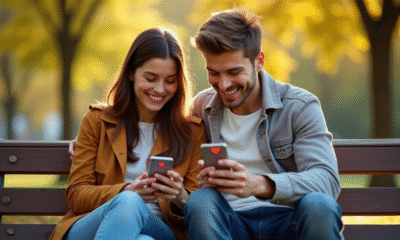 Jeune couple assis sur un banc dans un parc ensoleille avec un emoji coeur rouge sur leur écran
