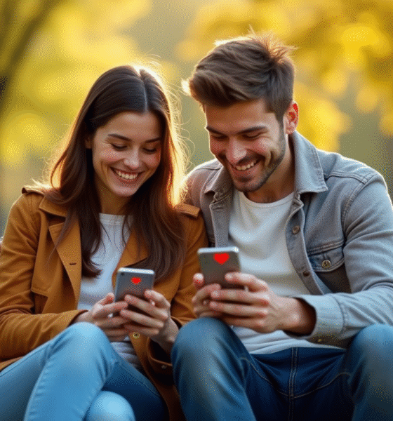 Jeune couple assis sur un banc dans un parc ensoleille avec un emoji coeur rouge sur leur écran