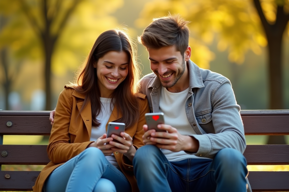 Jeune couple assis sur un banc dans un parc ensoleille avec un emoji coeur rouge sur leur écran