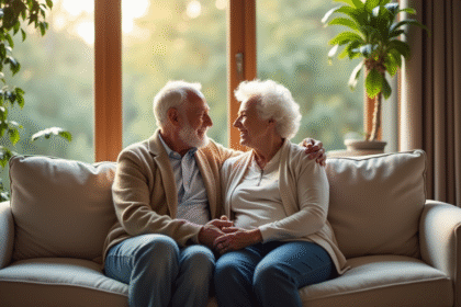 Couple mature assis sur un canapé lumineux et cosy