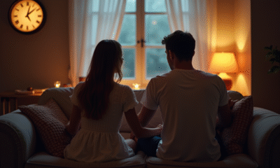 Couple assis sur un canapé au matin à 3h33