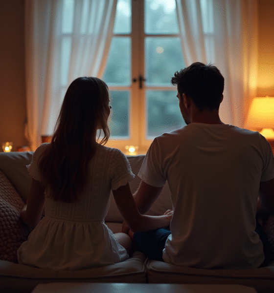 Couple assis sur un canapé au matin à 3h33