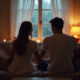 Couple assis sur un canapé au matin à 3h33