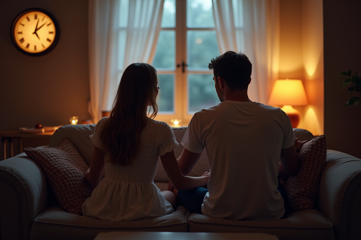 Couple assis sur un canapé au matin à 3h33