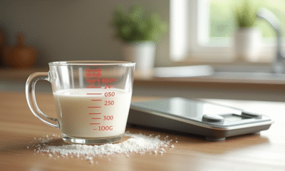 Plan de travail cuisine avec tasse de lait et balance