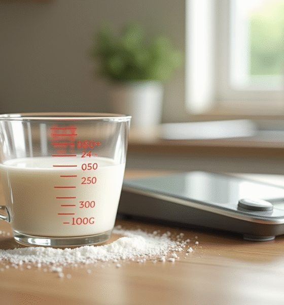 Plan de travail cuisine avec tasse de lait et balance