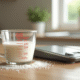 Plan de travail cuisine avec tasse de lait et balance