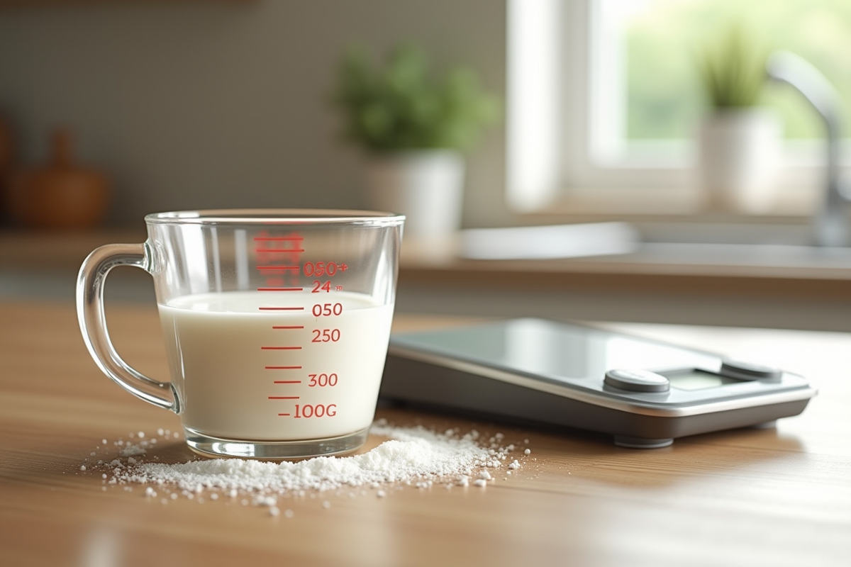 Plan de travail cuisine avec tasse de lait et balance