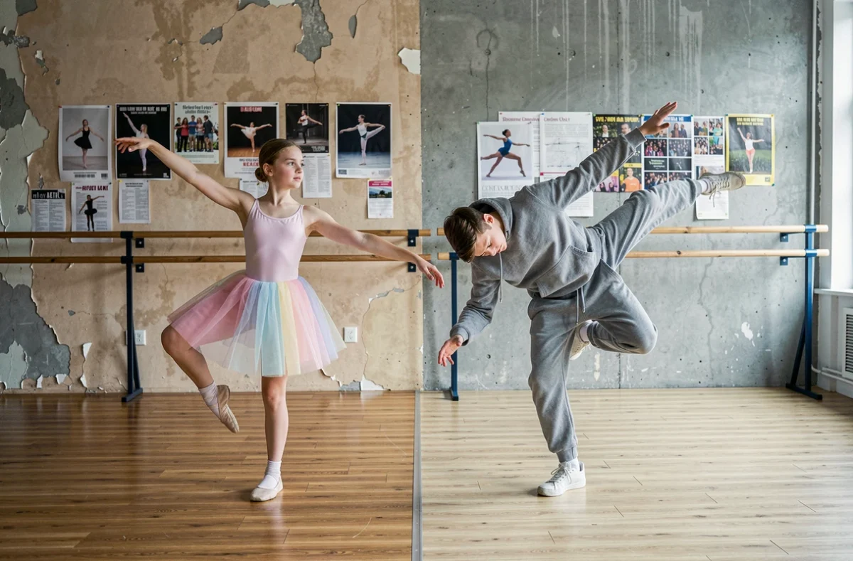 Deux adolescents côte à côte pratiquant la danse classique et le breakdance dans une salle communautaire polyvalente
