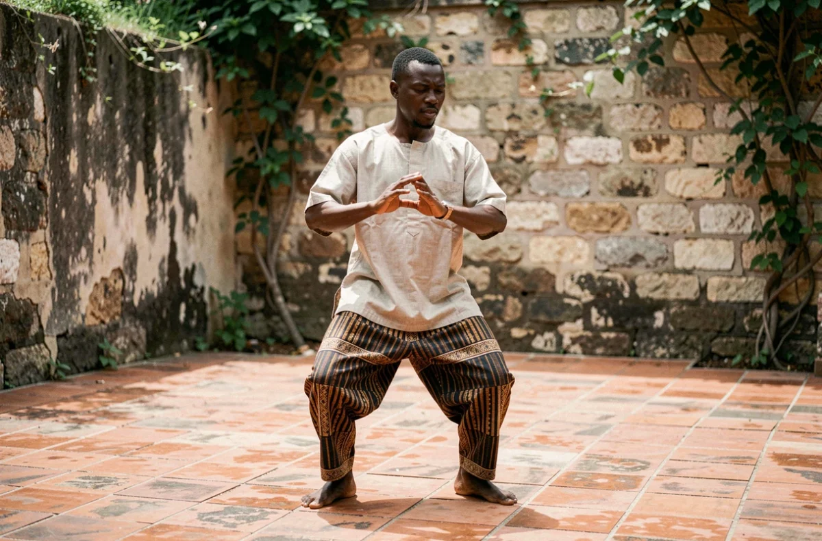 Homme adulte exécutant une danse traditionnelle africaine dans une cour extérieure avec mur en pierre et carrelage en terre cuite