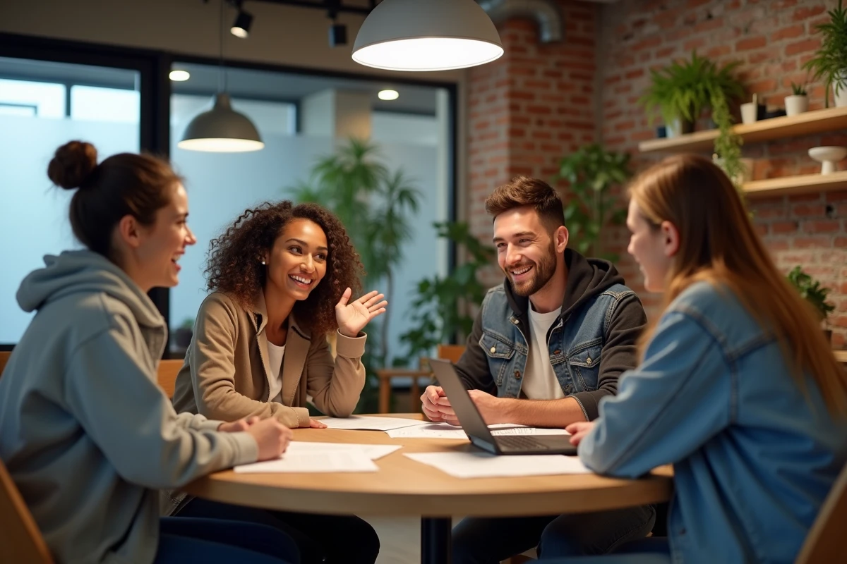 Groupe de jeunes adultes en discussion dans un espace de coworking moderne autour des enjeux sociaux et de la définition du wokisme selon les sociologues