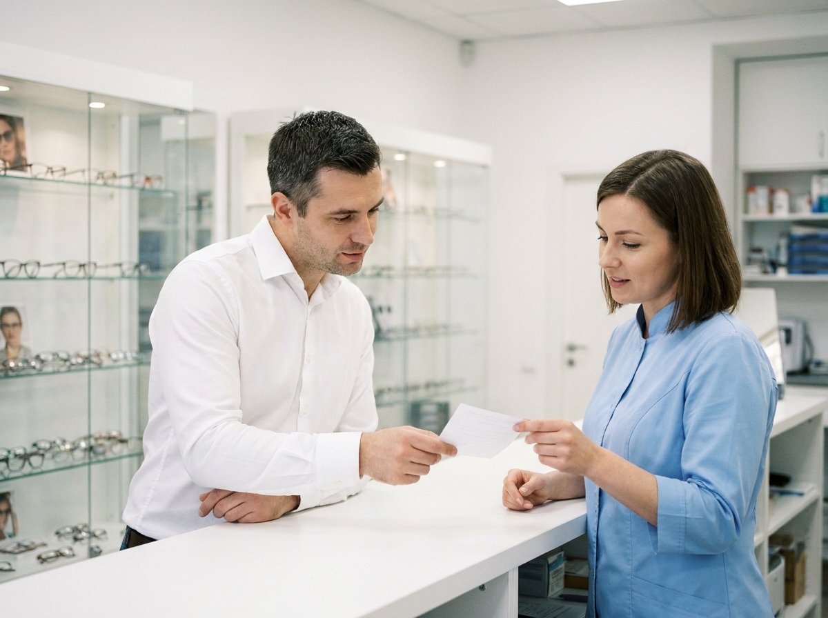 Client remettant une ordonnance optique à une opticienne en magasin pour un remboursement avant décembre