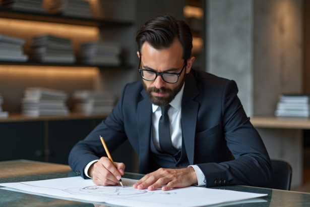 Designer francais en costume dessinant dans son atelier moderne