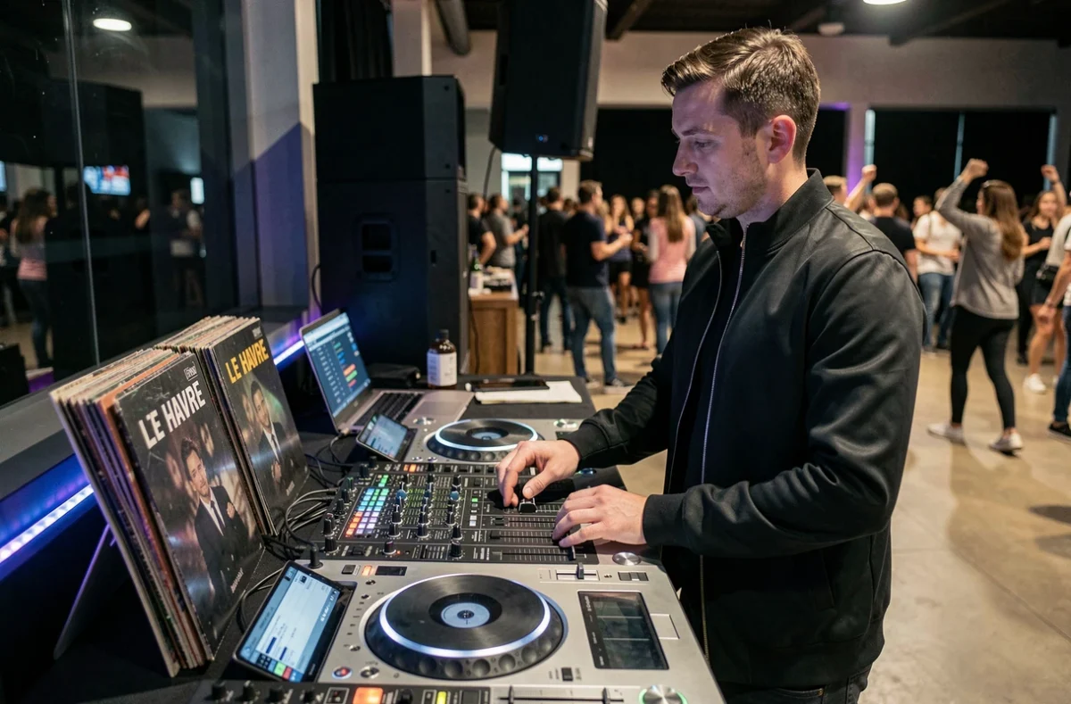 DJ Tomx installé derrière sa console dans une salle événementielle de Le Havre en Normandie