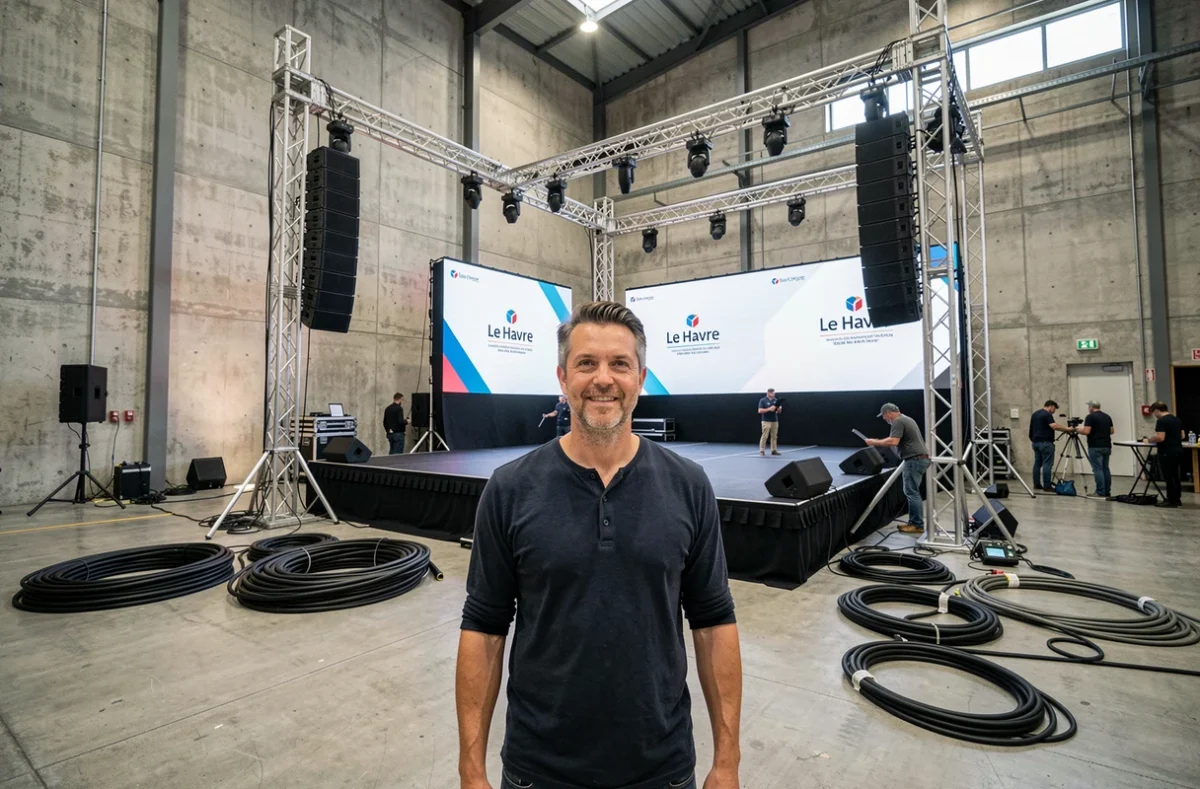 Producteur événementiel de DP Events devant un plateau technique équipé d'écrans LED dans une salle de Le Havre