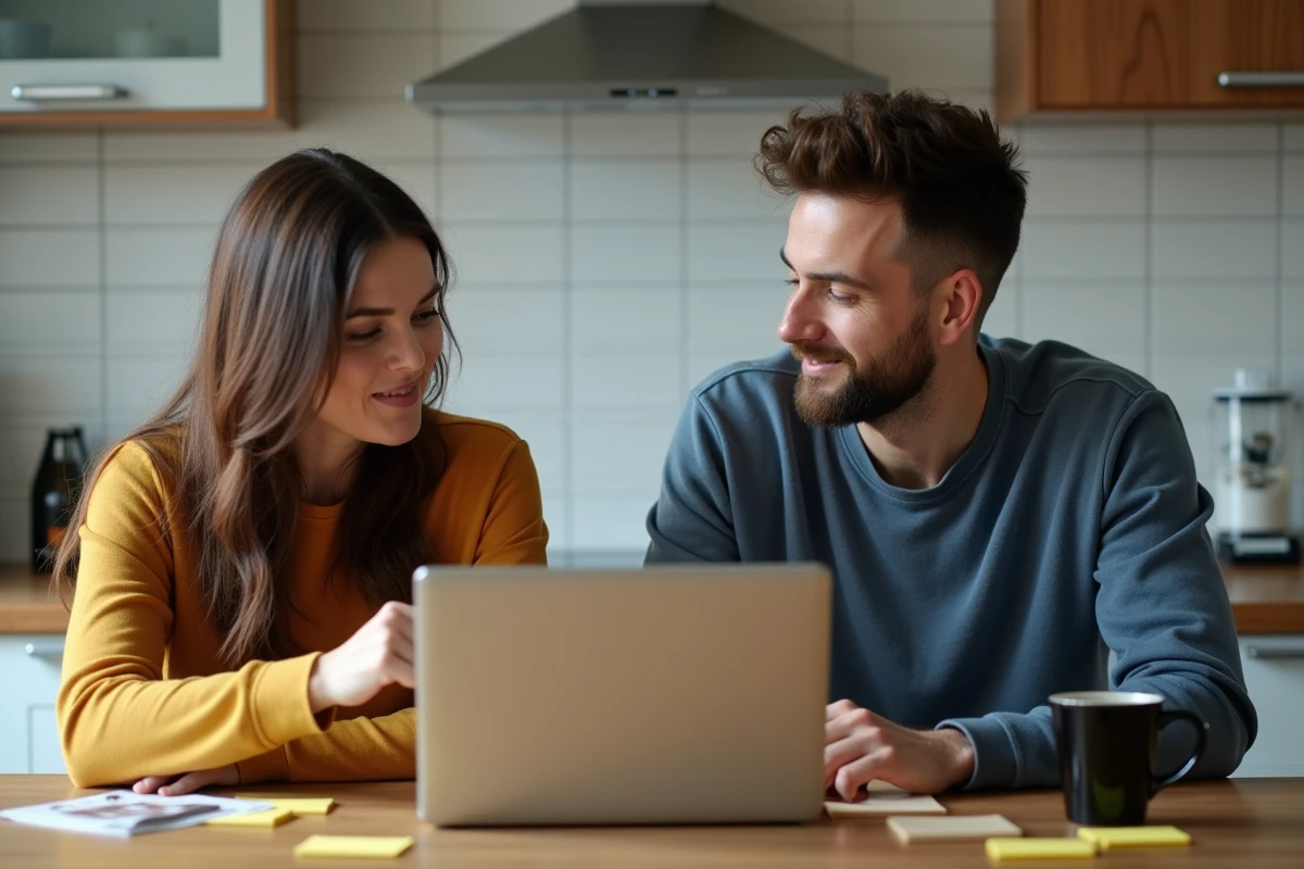 Deux adultes cherchant ensemble une solution en ligne pour Rooms and Exits sur un ordinateur portable en cuisine