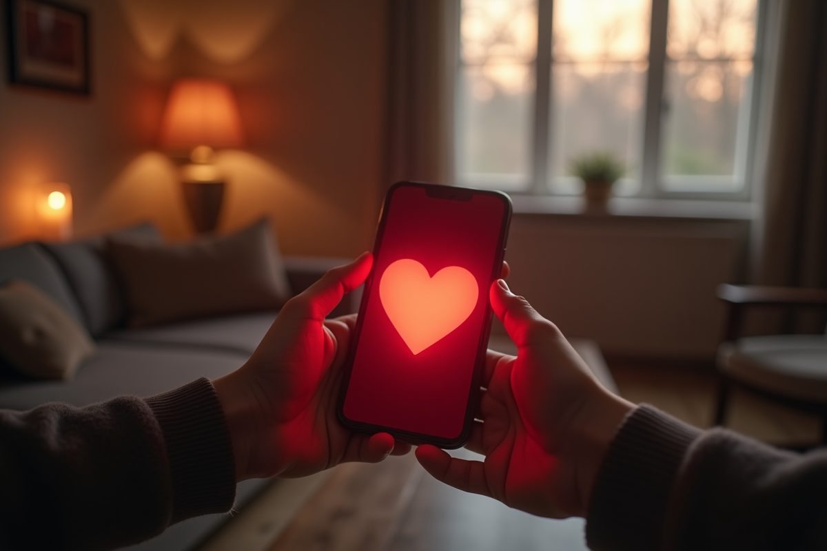 Deux mains échangeant un smartphone avec un coeur rouge dans un salon cosy