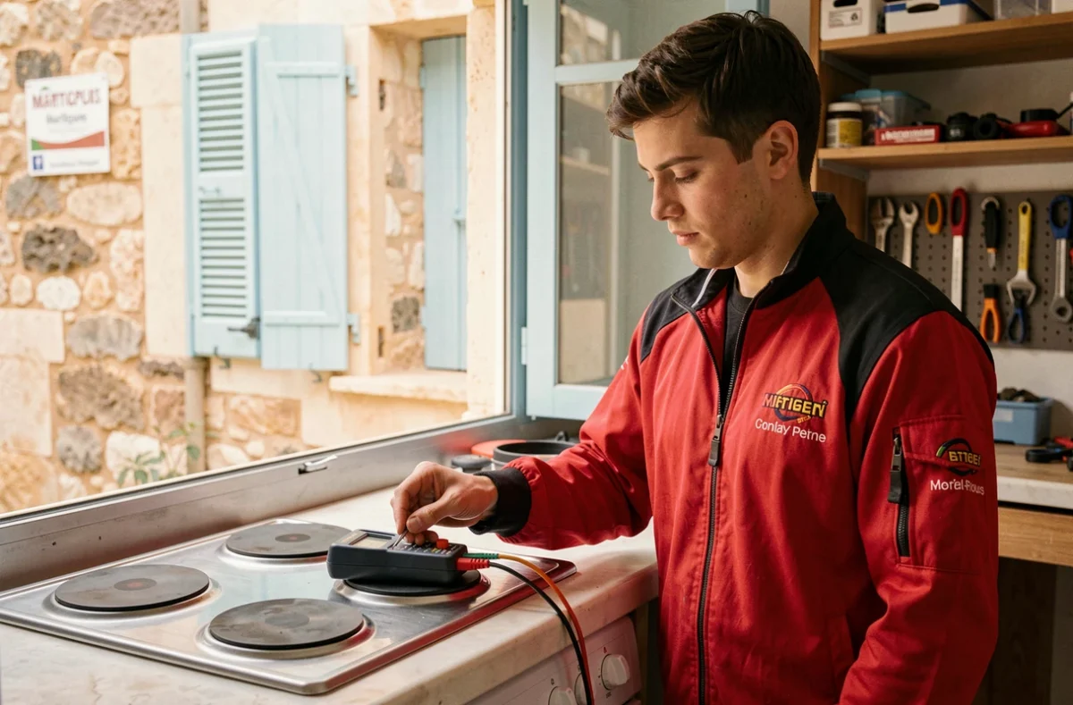 Technicien d'Electro Solutions testant une plaque de cuisson avec un multimètre dans une boutique de réparation à Martigues