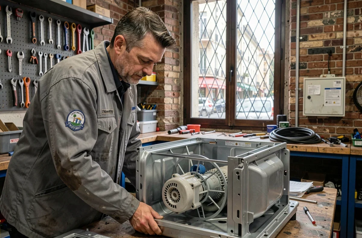 Technicien d'Electroservice 13 réparant un lave-vaisselle dans un atelier urbain à Marseille avec murs en briques apparentes