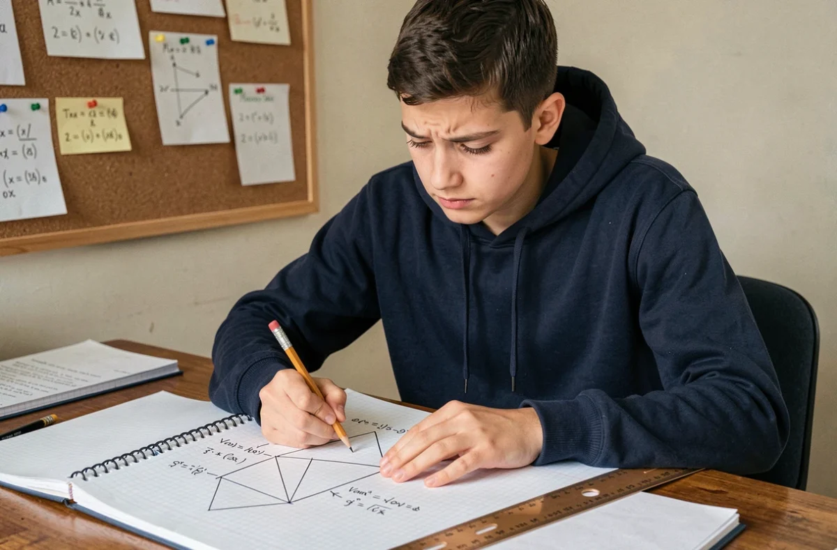 Élève adolescent calculant le volume d'un triangle sur du papier quadrillé avec un crayon et une règle géométrique