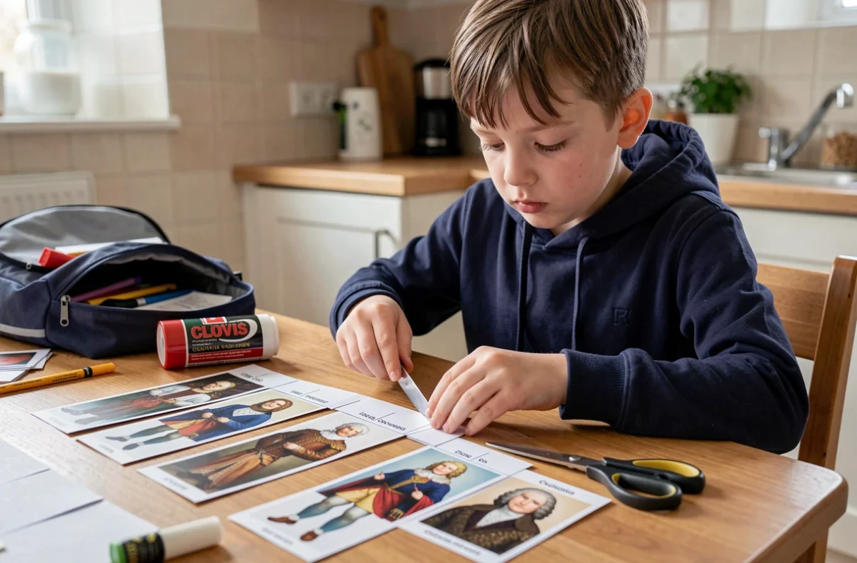 Enfant de CM2 assemblant une frise des rois de France en papier à la maison pour un projet scolaire