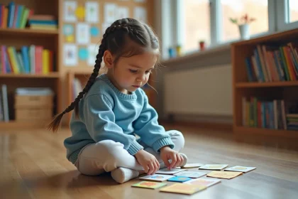 Jeune fille concentrée qui joue à un jeu éducatif avec des cartes illustrées sur le sol d'une salle de classe